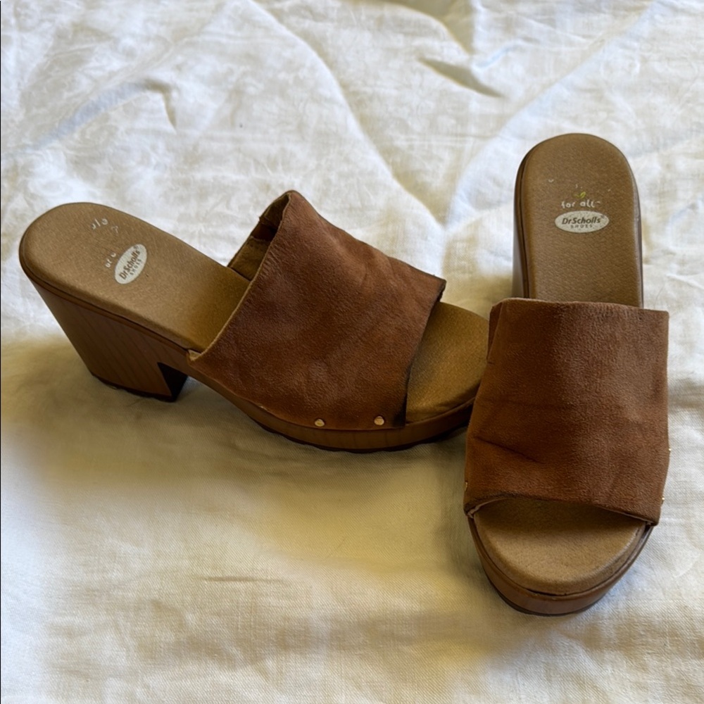 Dr Scholls Brown Wood-like Heel Slide Sandals 6 Block Heel Platform Mule Cognac‎